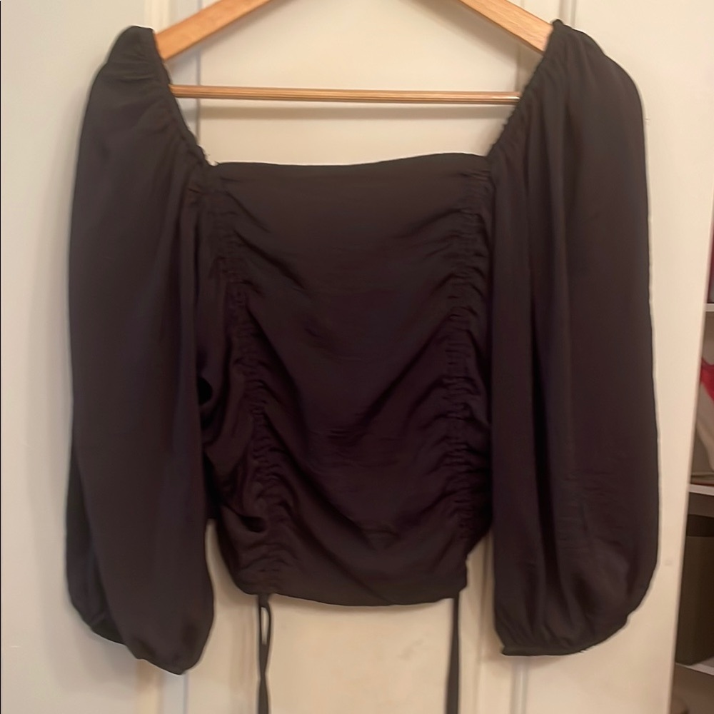 HYFVE Black Puff Sleeve Ruched Crop Blouse